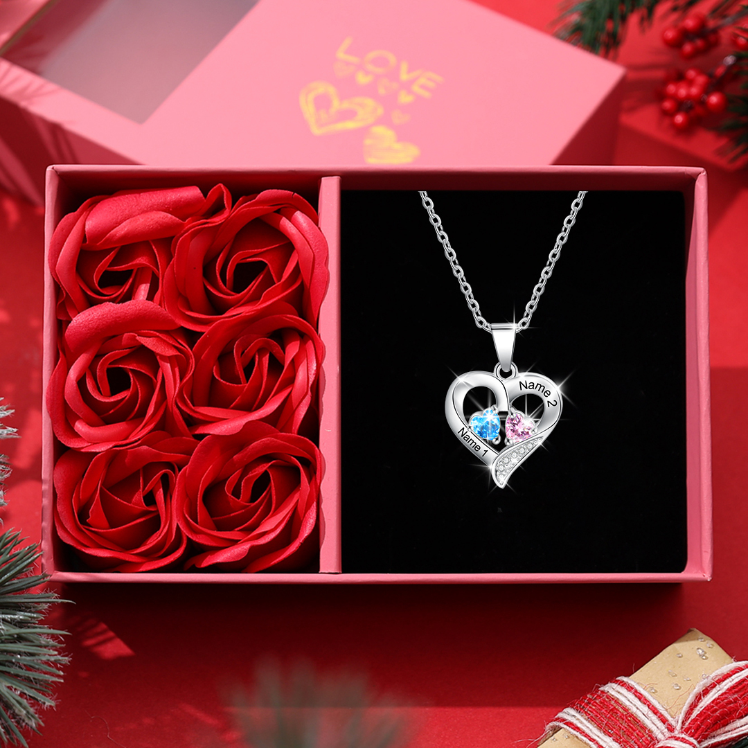 Sterling Silver Heart Necklace Love Necklace Personalized with 2 Birthstones 2 Names Valentine's Day Gift 