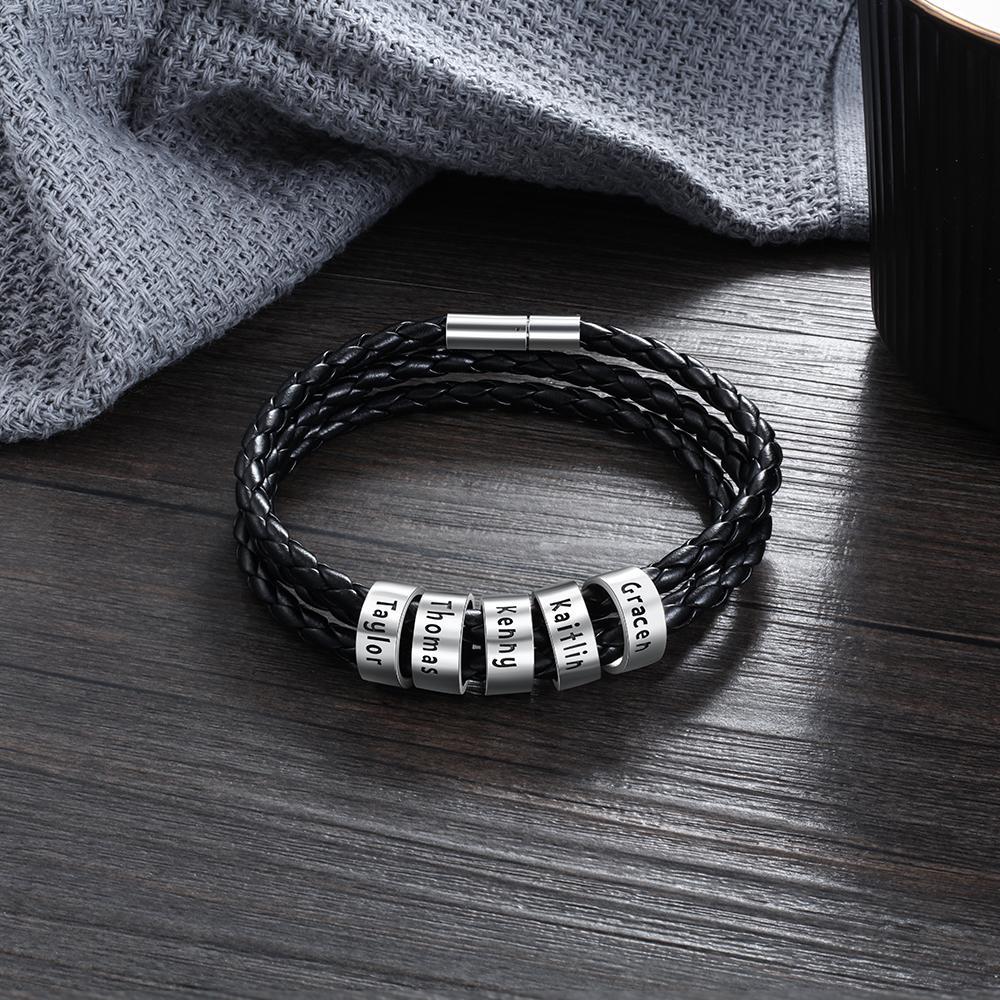 Personalized Mens Leather Braided Bracelet With 5 Sterling Silver Custom Beads Engarved 5 Family Names