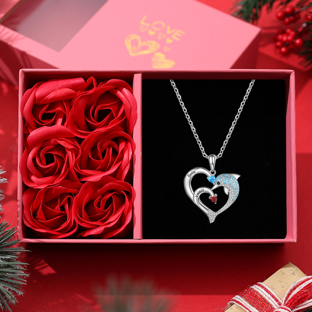 Personalized Heart Dolphin Necklace Custom 2 Birthstones Necklace for Her