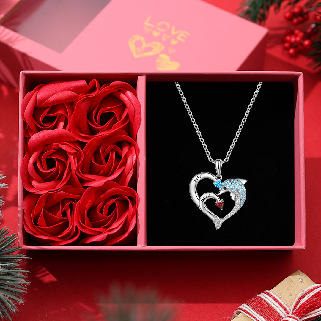 Personalized Heart Dolphin Necklace Custom 2 Birthstones Necklace for Her