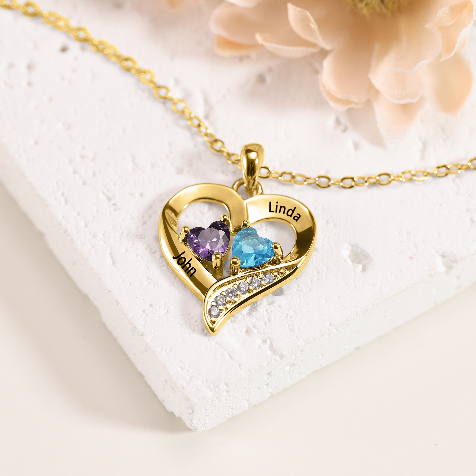 Sterling Silver Heart Necklace Love Necklace Personalized with 2 Birthstones 2 Names Valentine's Day Gift 