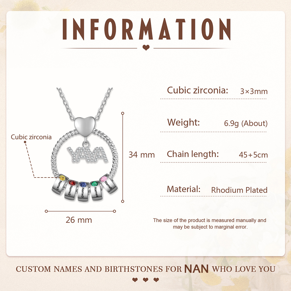 Collar a abuela con colgante de "YAYA" con 5 nombres Y 5 piedras de nacimiento personalizados | Jessemade-Jessemade ES
