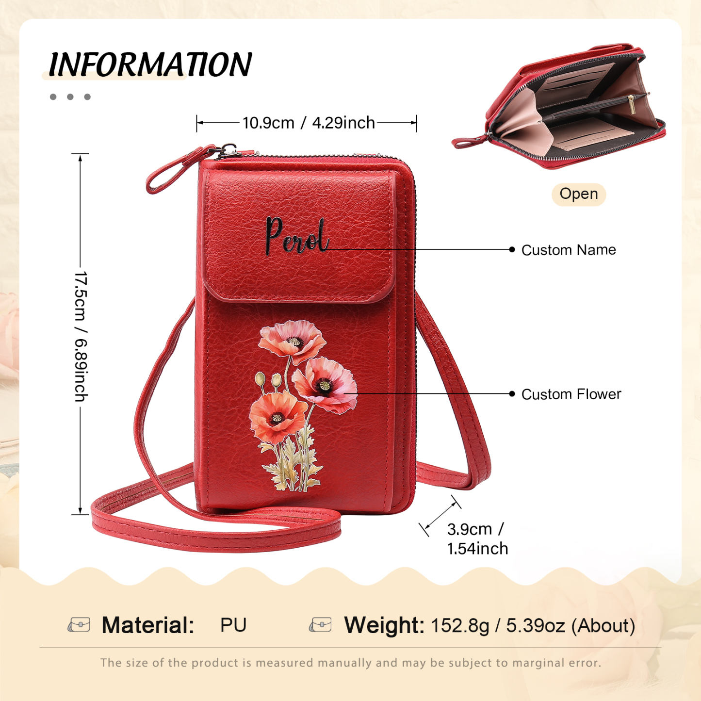 Personalized Women's Leather Wallet Custom Birthday Flower & Name Mobile Phone Wallet Zipper Crossbody Bag