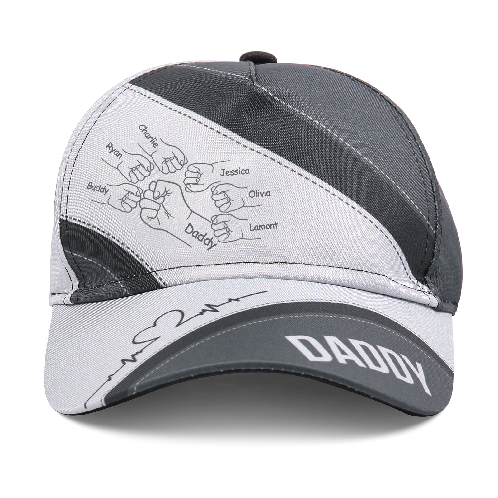 Personalized Fist Bump Classical Baseball Cap Custom 7 Names & 1 Text Snapback Adjustable Gift for Dad/Grandpa/Husband