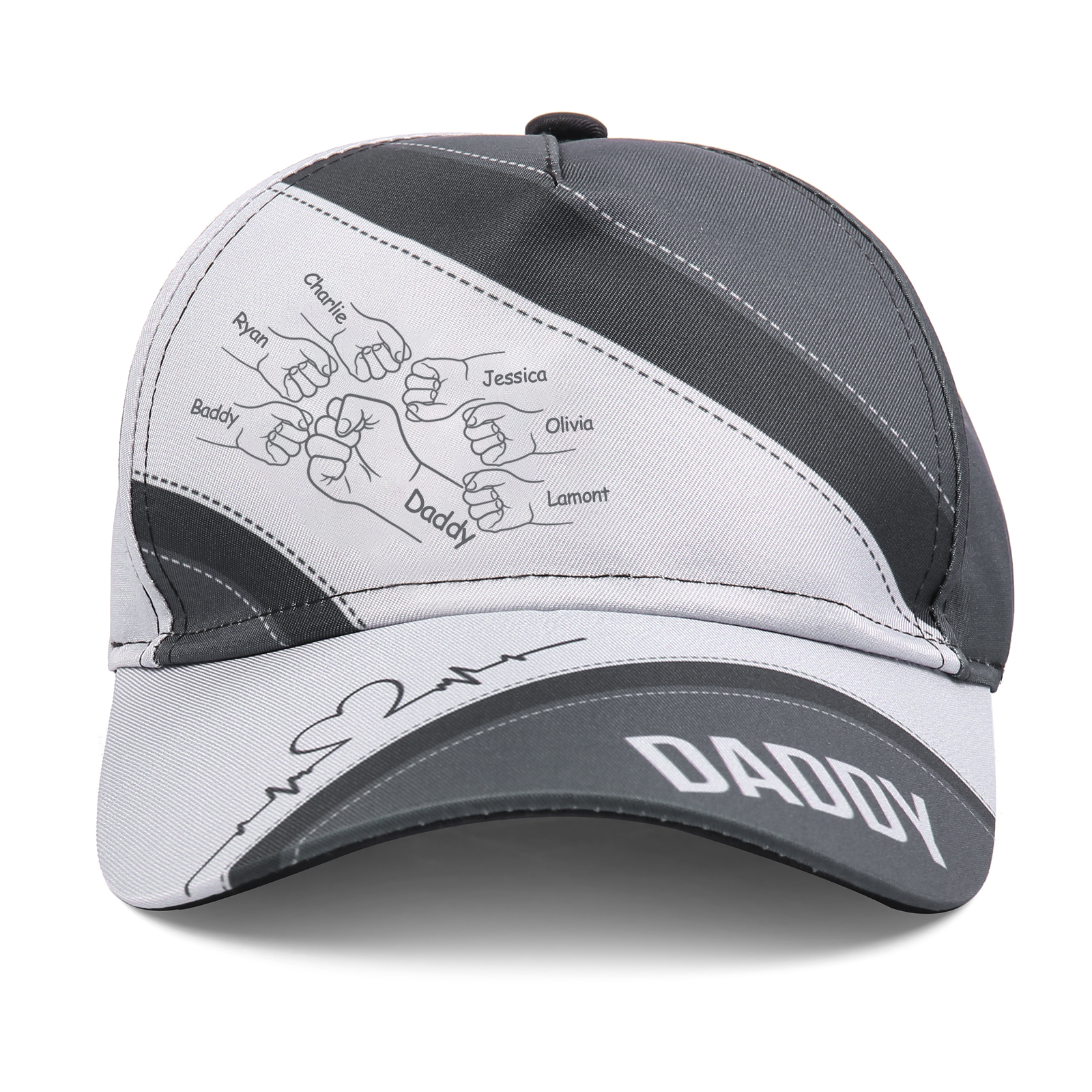 Personalized Fist Bump Classical Baseball Cap Custom 7 Names & 1 Text Snapback Adjustable Gift for Dad/Grandpa/Husband