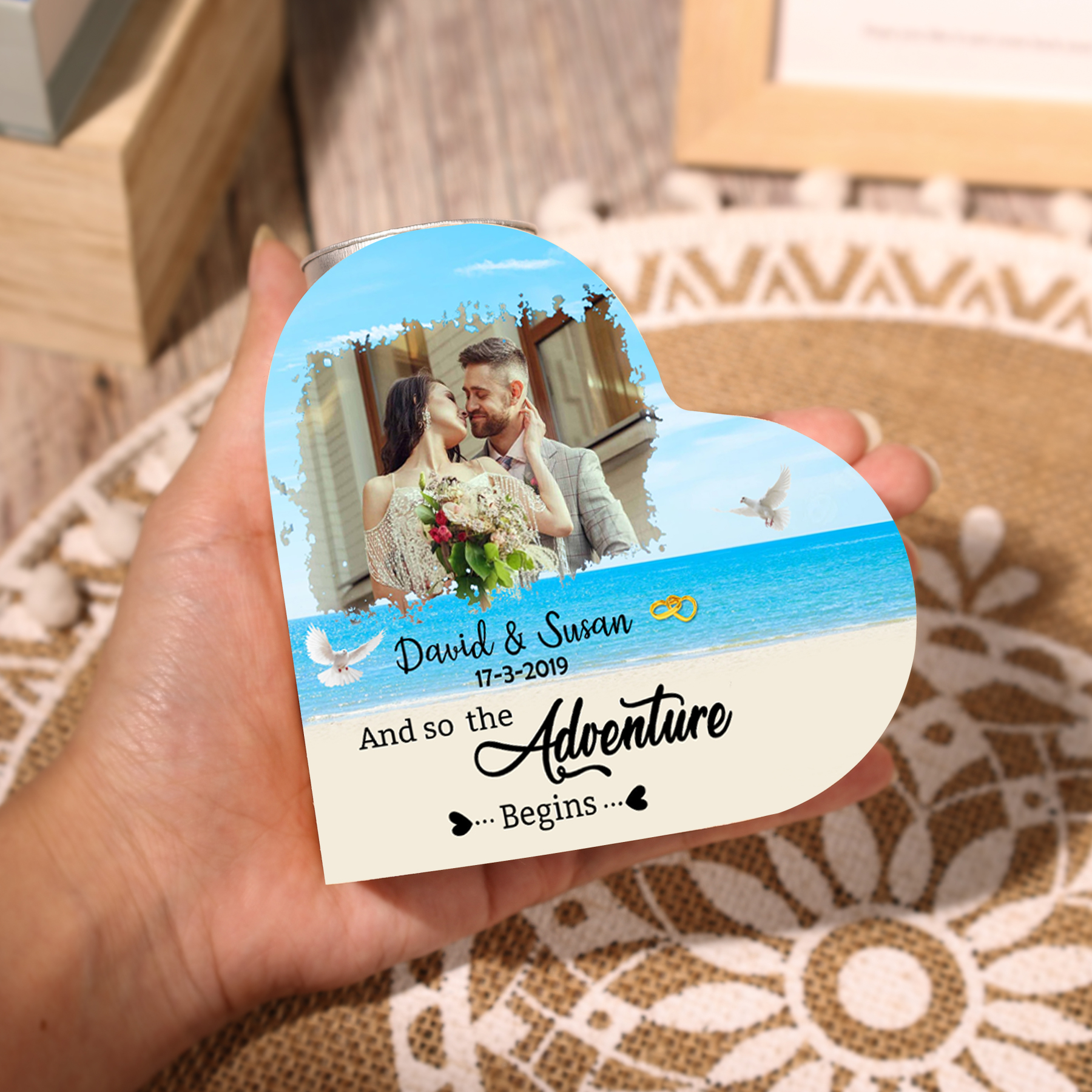 Personalized Love Couple Heart Candle Holder Engrave Photo Wooden Candlesticks Valentines Gift