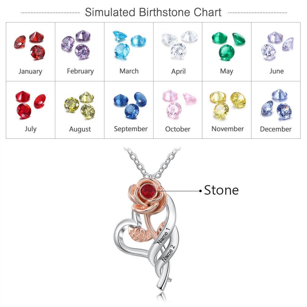 Rose Heart with Birthstone Engraved 2 Names Personalized Necklace