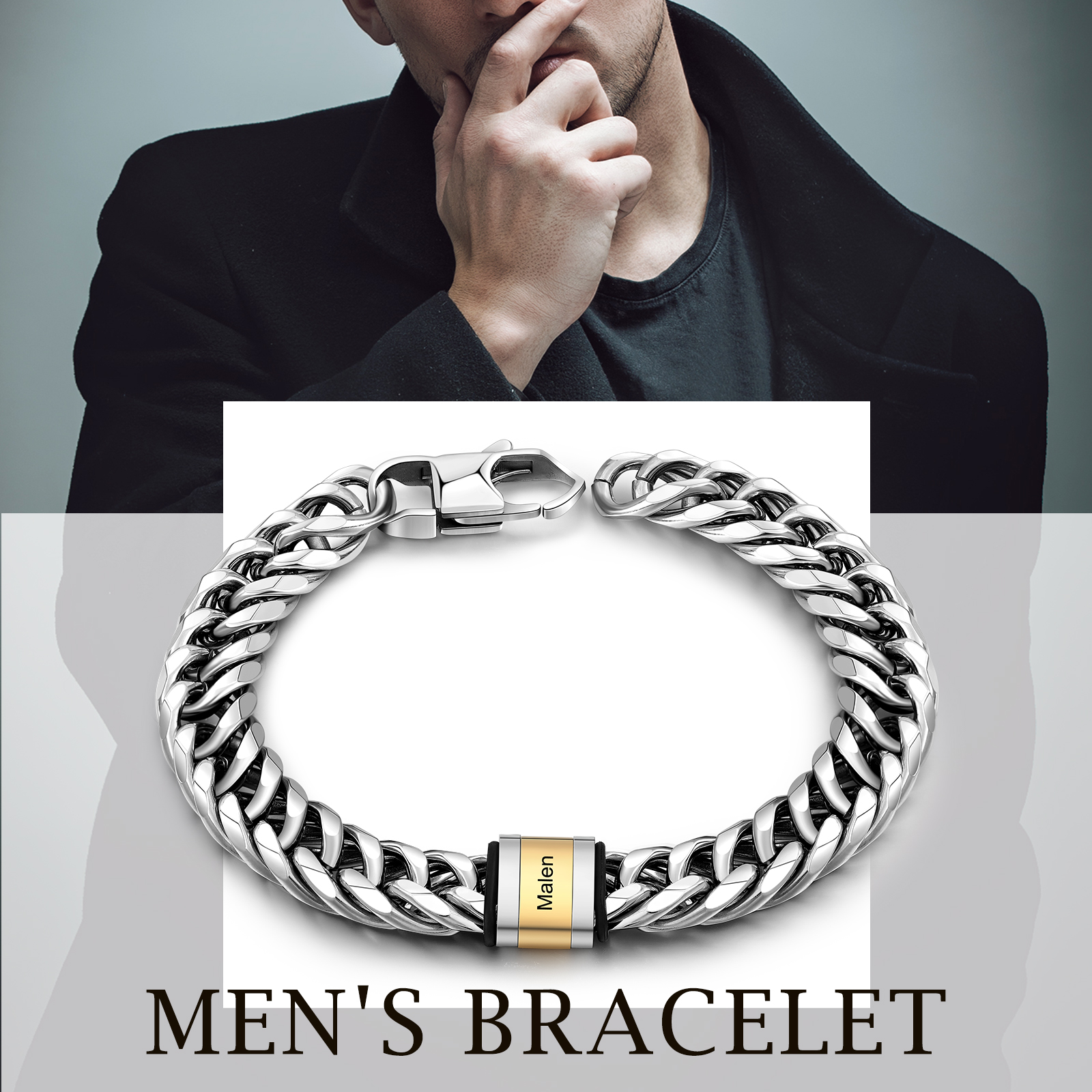 Personalized Cuban Chain Bracelet Custom 1 Name Bead Men's Bracelet