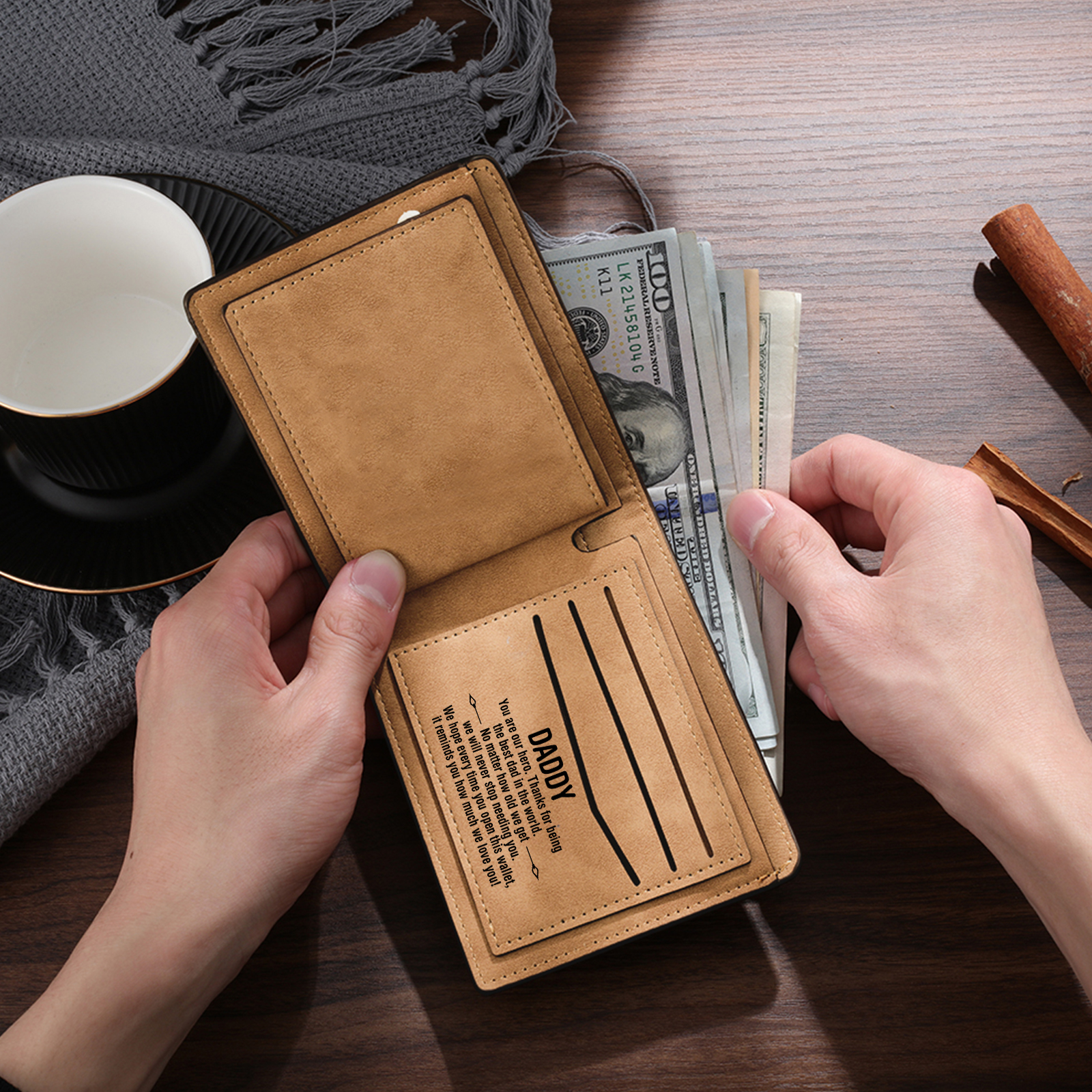 7 Names - Personalized Fist Bump Pattern Custom Name Leather Men's Wallet as a Father's Day Gift for Dad