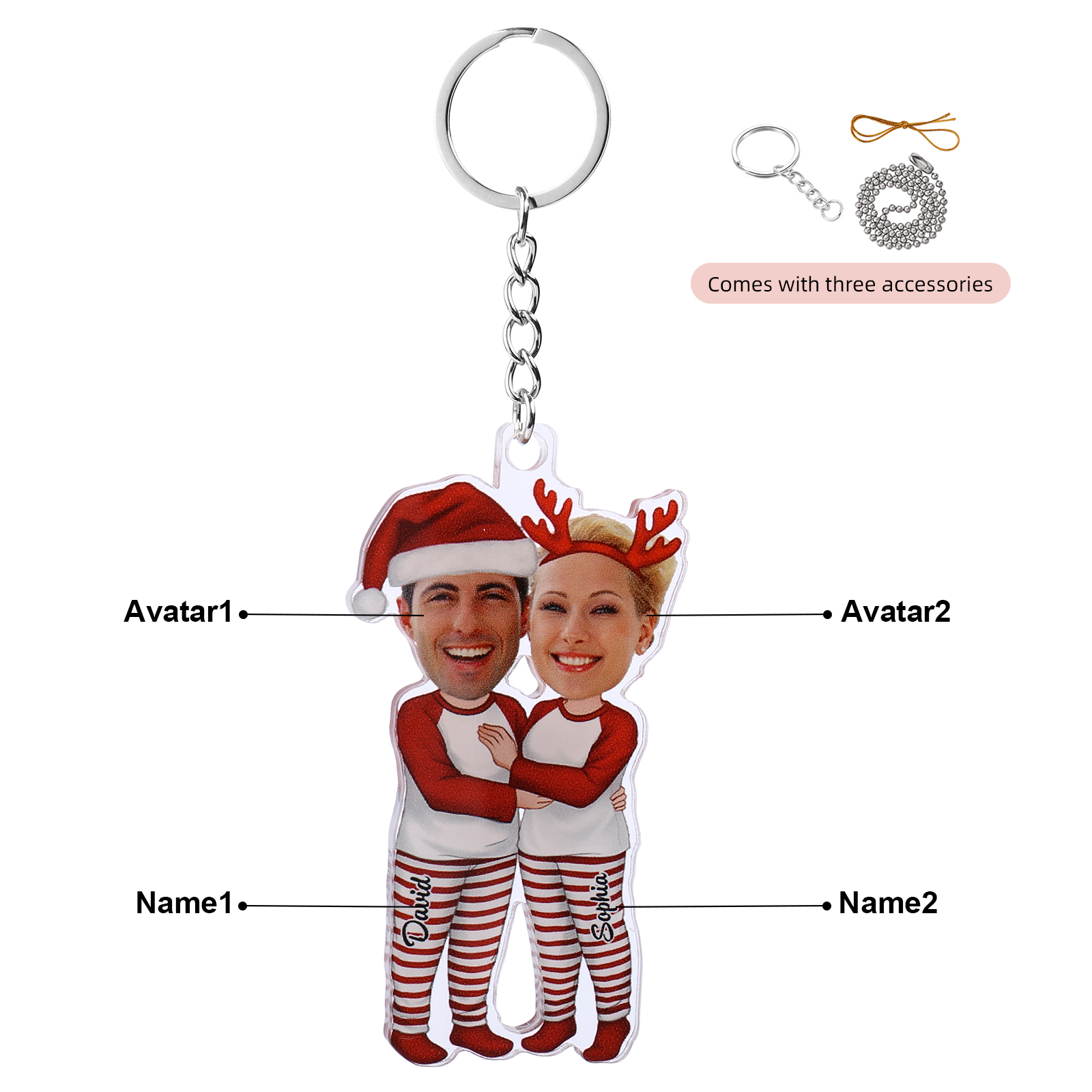 Acrylic Christmas Keychain Custom 2 Photos & 2 Names Hanging Ornaments Personalised Keyring for Couple | Jessmade