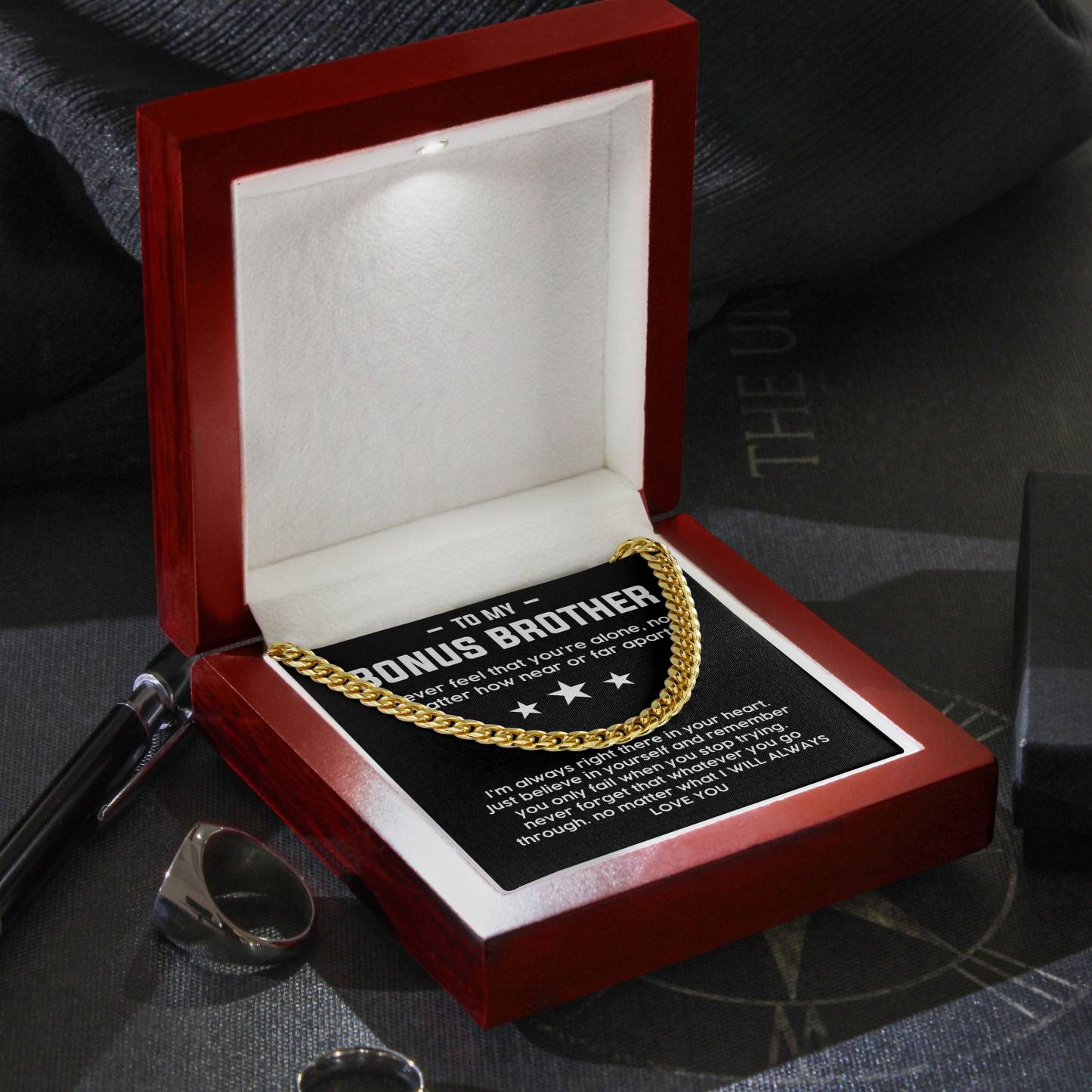 To My Bonus Brother Necklace Cuban Link Chain Necklace Gift Set - No Matter What I Will Always Love You