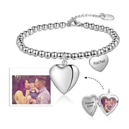 Beaded Chain Bracelet With Heart Photo Locket Personalized With Engraving Charm