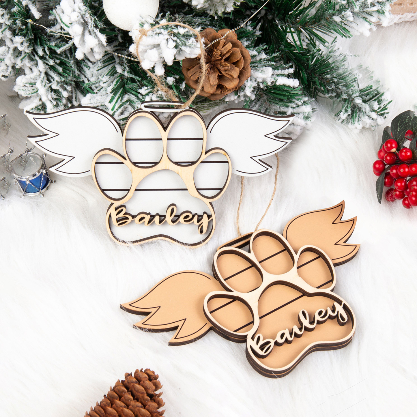 Personalized Dog Paw Christmas Ornament Angel Wings Hanging Ornament
