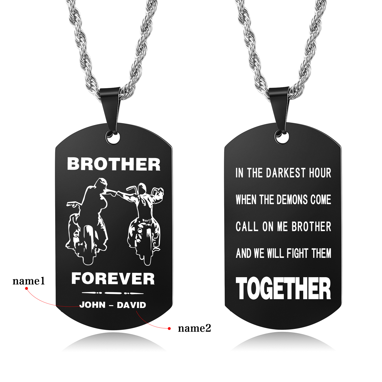 Brother Forever Dog Tag Necklace Personalized Black Double-sided Necklace Customized 2 Names Biker Necklace Gift to Brother