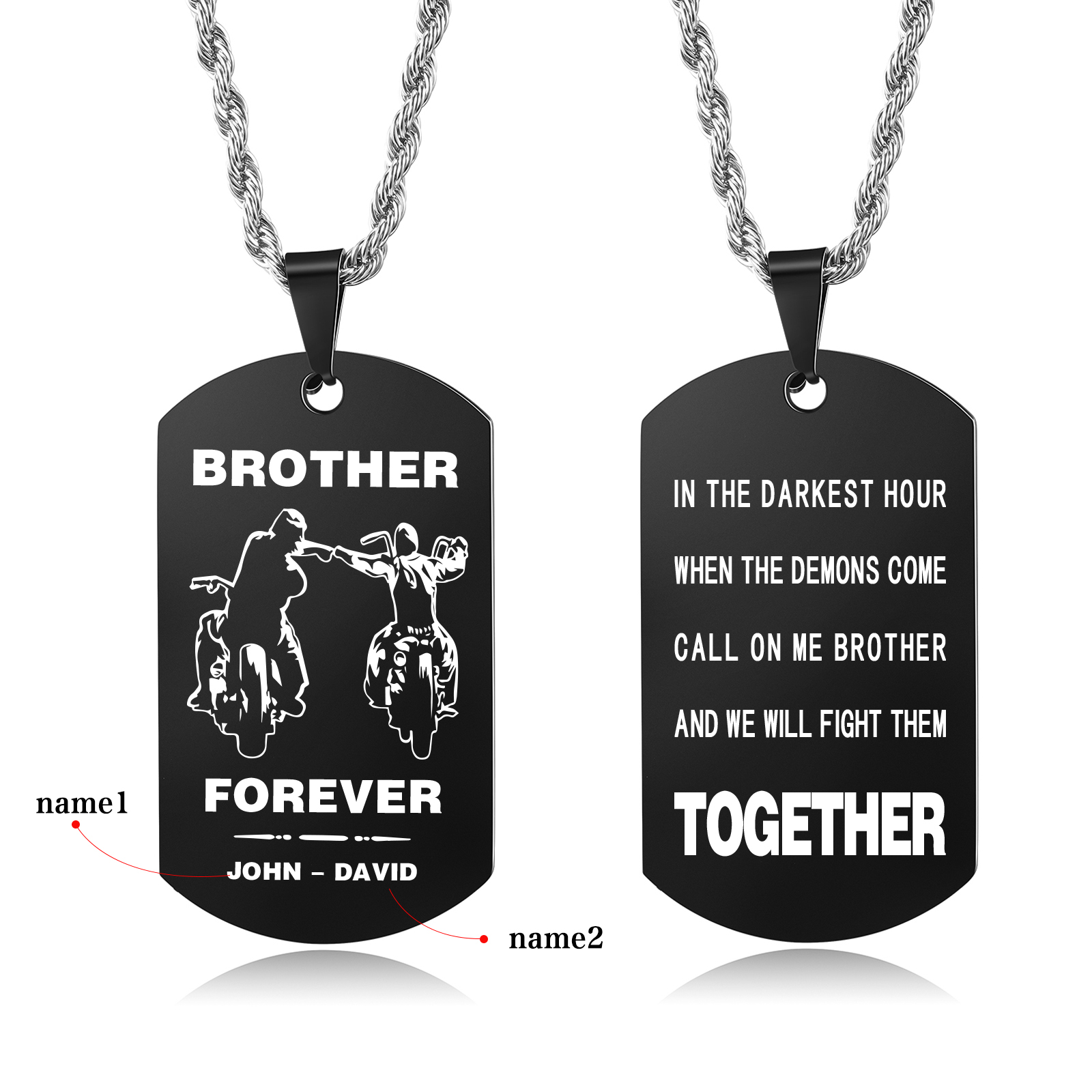 Brother Forever Dog Tag Necklace Personalized Black Double-sided Necklace Customized 2 Names Biker Necklace Gift to Brother