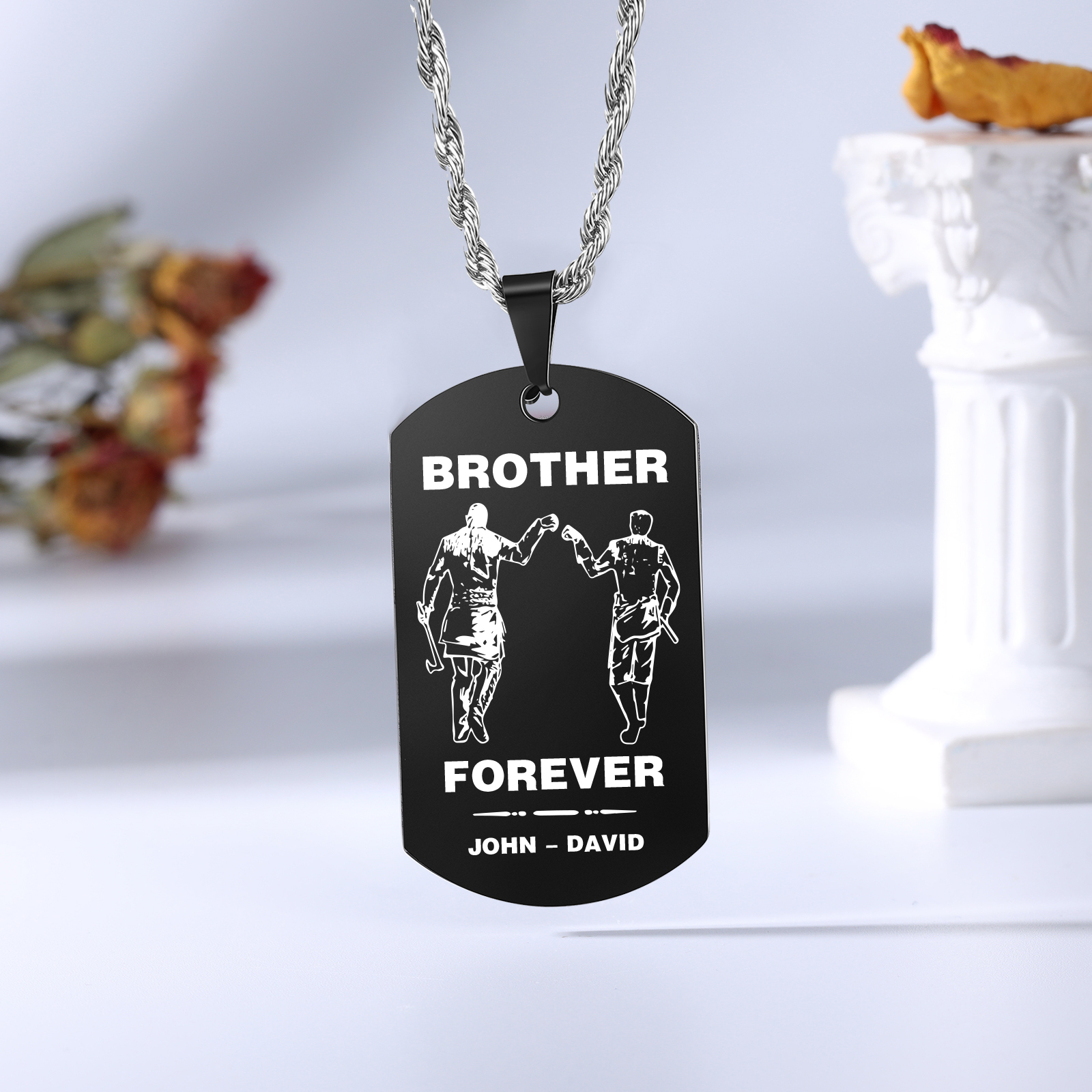 Brother Forever Dog Tag Necklace Personalized Black Double-sided Necklace Customized 2 Names Viking Necklace Gift to Brother