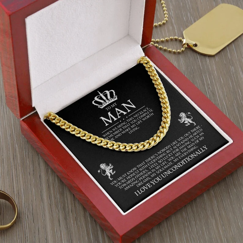 To My Man-Cuban Link Chain Necklace Promise Necklace Gift Set "You are The Man of My Dreams"