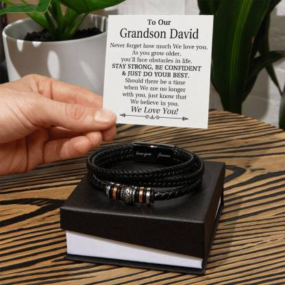 To Our Grandson Bracelet Personalized Text Message Card Braided Leather Bracelet Gift for Son - Never Forget How Much We Love You
