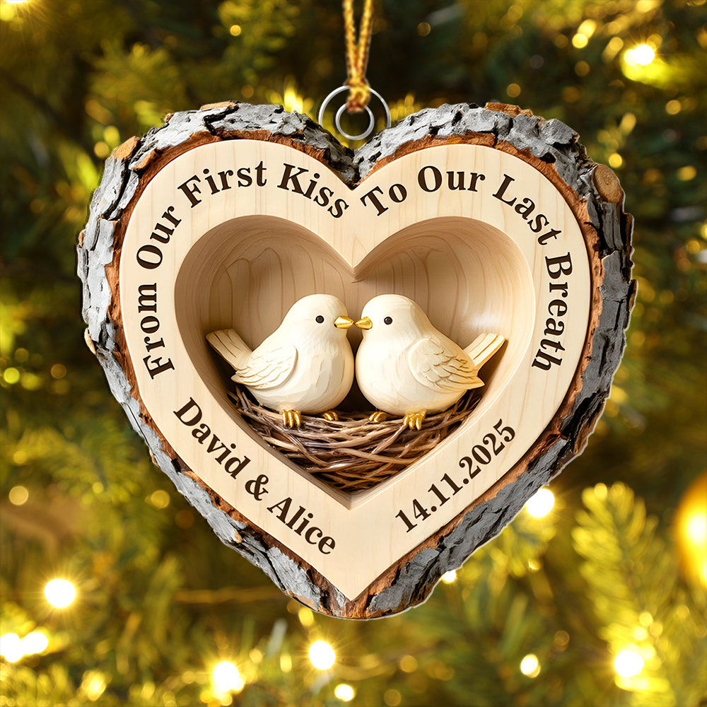 Personalized Couple Carved Wood Heart Lovebirds Ornament
