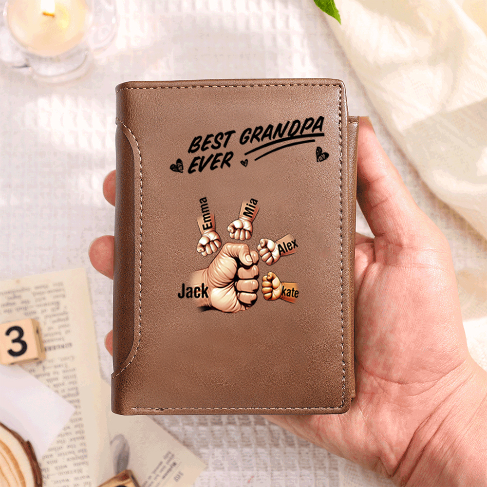 Personalised Grandpa PU Leather Fist Wallet with Custom 1-6 Names Gift for Grandpa | Lorajewel