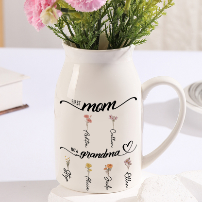 Personalized Floral Name Pitcher – “First Mom, Now Grandma” Ceramic Flower Vase | Lorajewel
