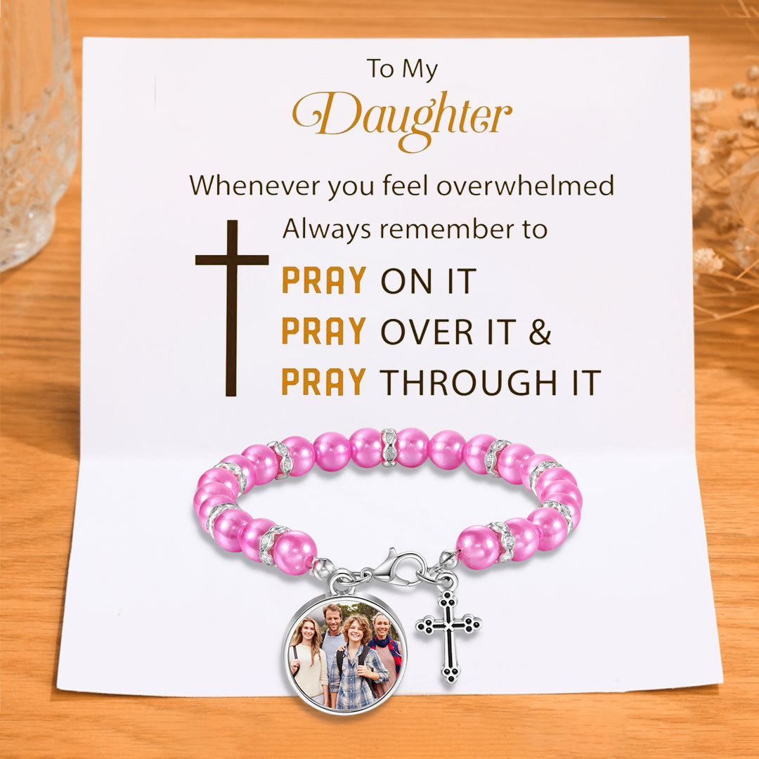 To My Daughter Personalized Rosary Memorial Bracelet Custom with Photo and Cross Pendant
