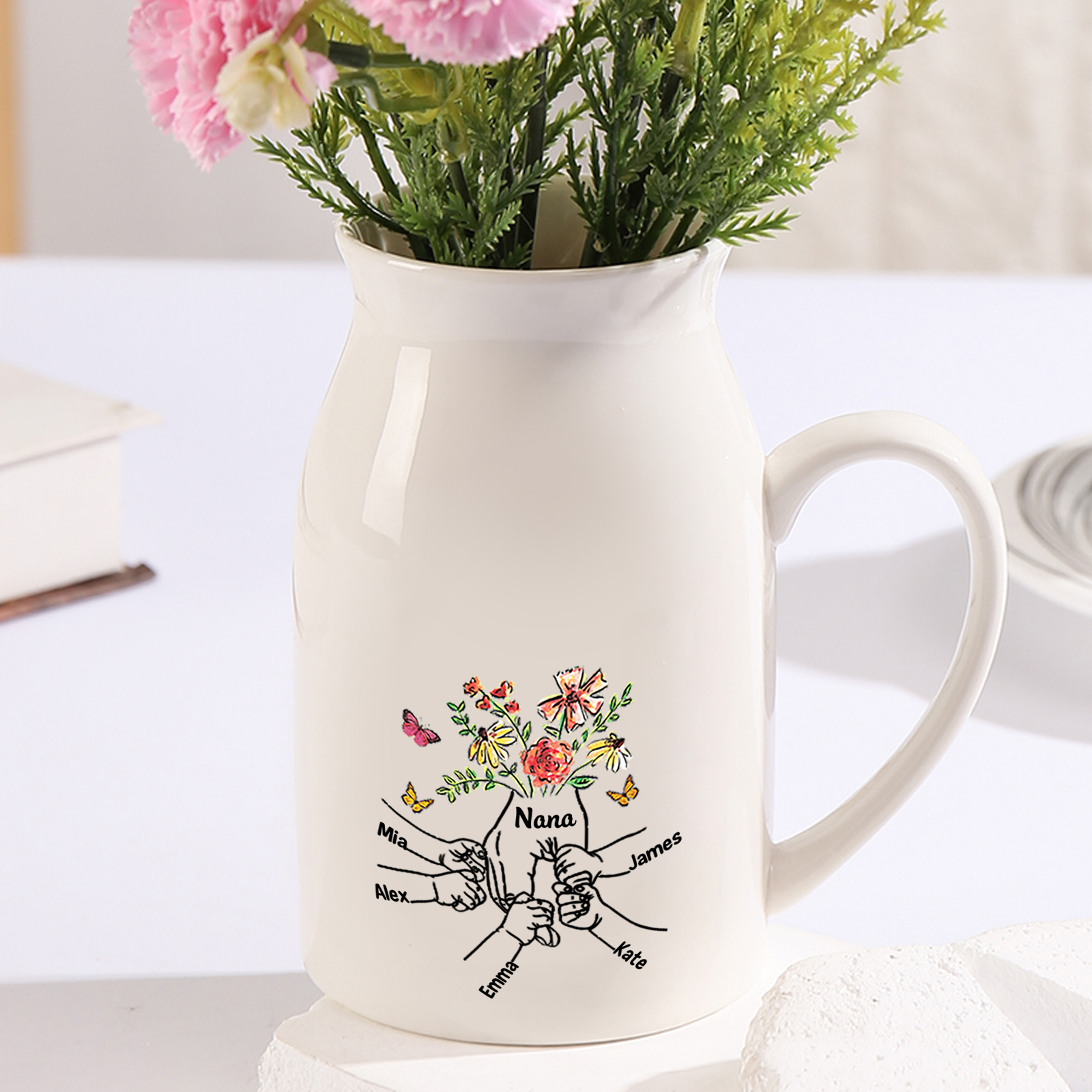 Flowers Personalized Ceramic Jug with Names – “Nana” Holding Hands Floral Design | Lorajewel