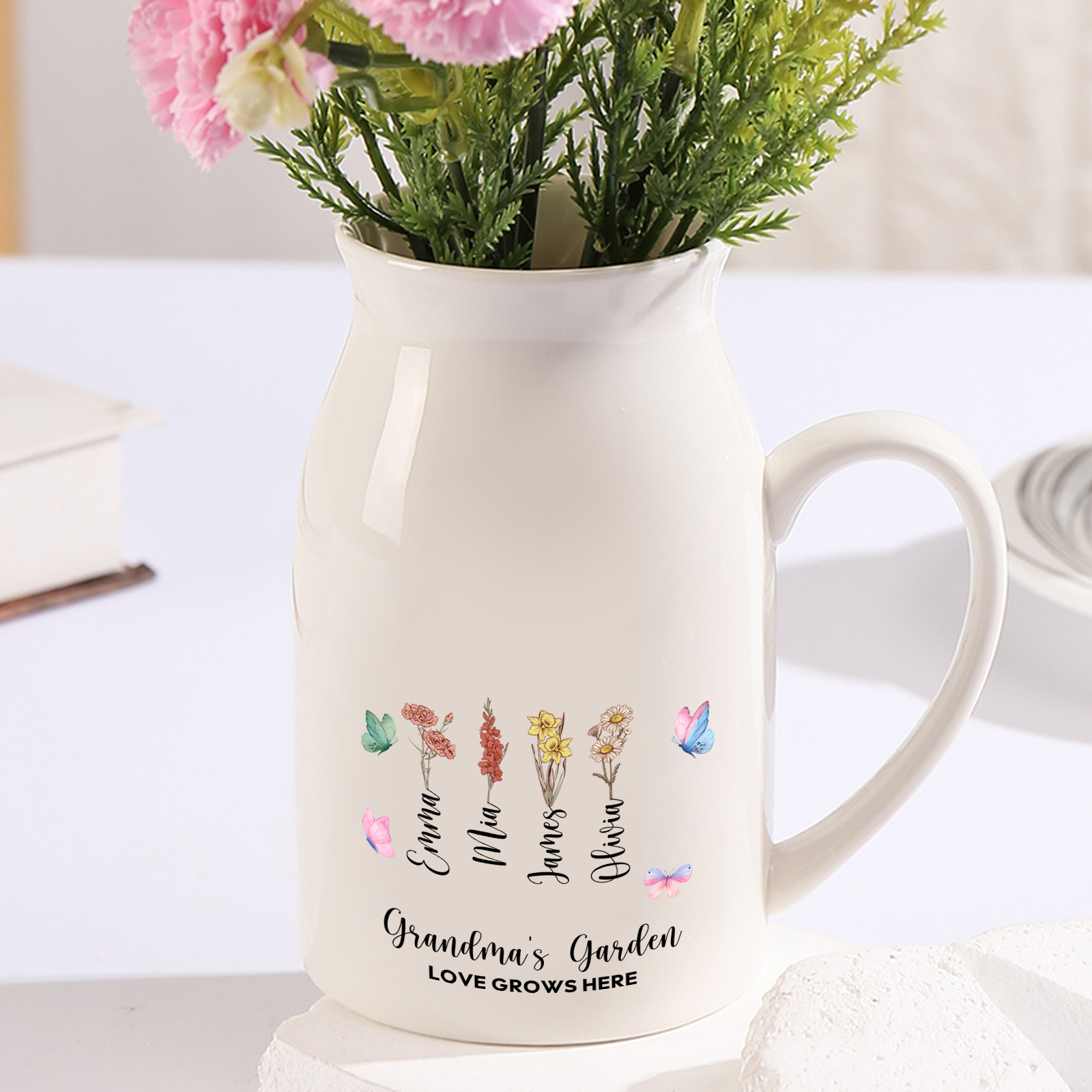 Personalized “Grandma’s Garden” Ceramic Jug with Names & Birthflowers – A Blooming Tribute to Love | Lorajewel
