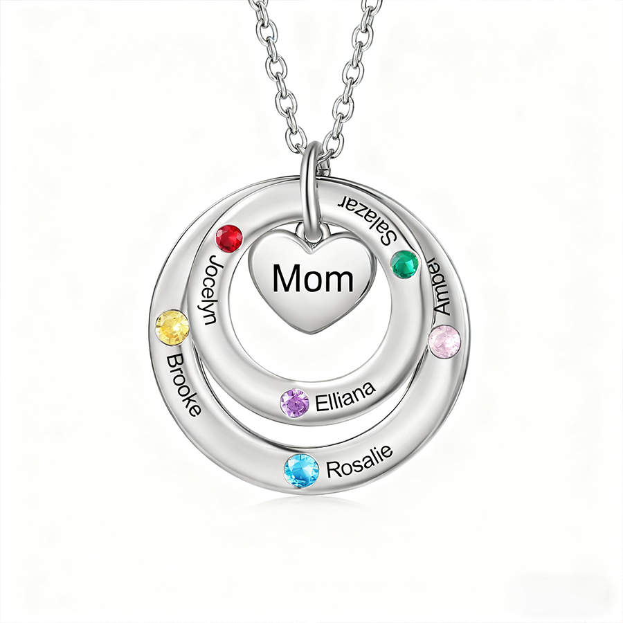 Personalized Women's Birthstone Necklace with 7 Names & 7 Birthstones & 1 Text Design Gift for Her | Lorajewel