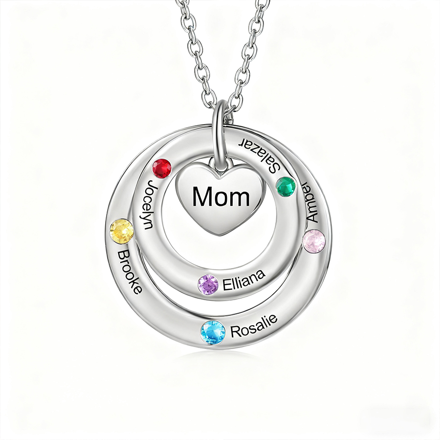 Personalized Women's Birthstone Necklace with 7 Names & 7 Birthstones & 1 Text Design Gift for Her | Lorajewel