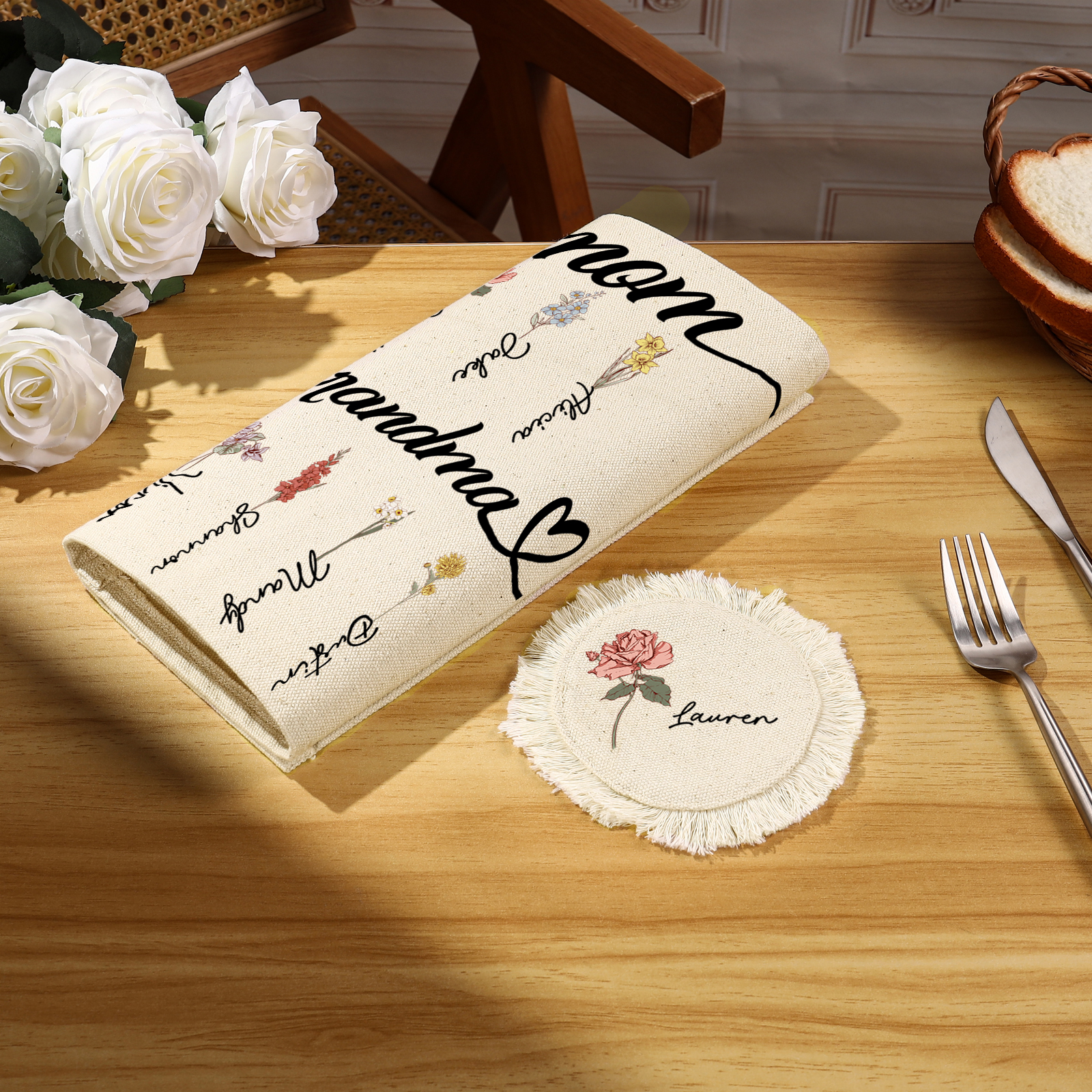 Personalized Floral linen tassel Placemats and 4 Coasters