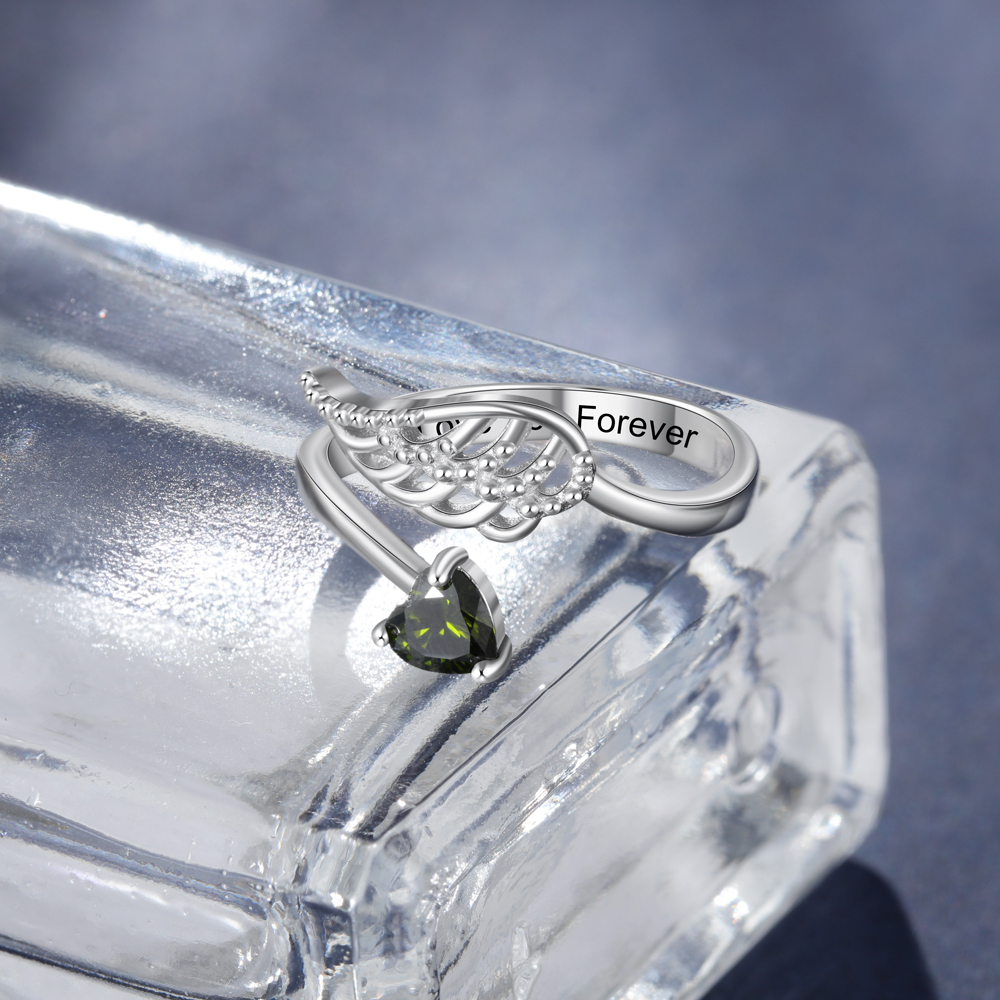 Personalized Angel Wing Ring with 1 Birthstone Open Ring