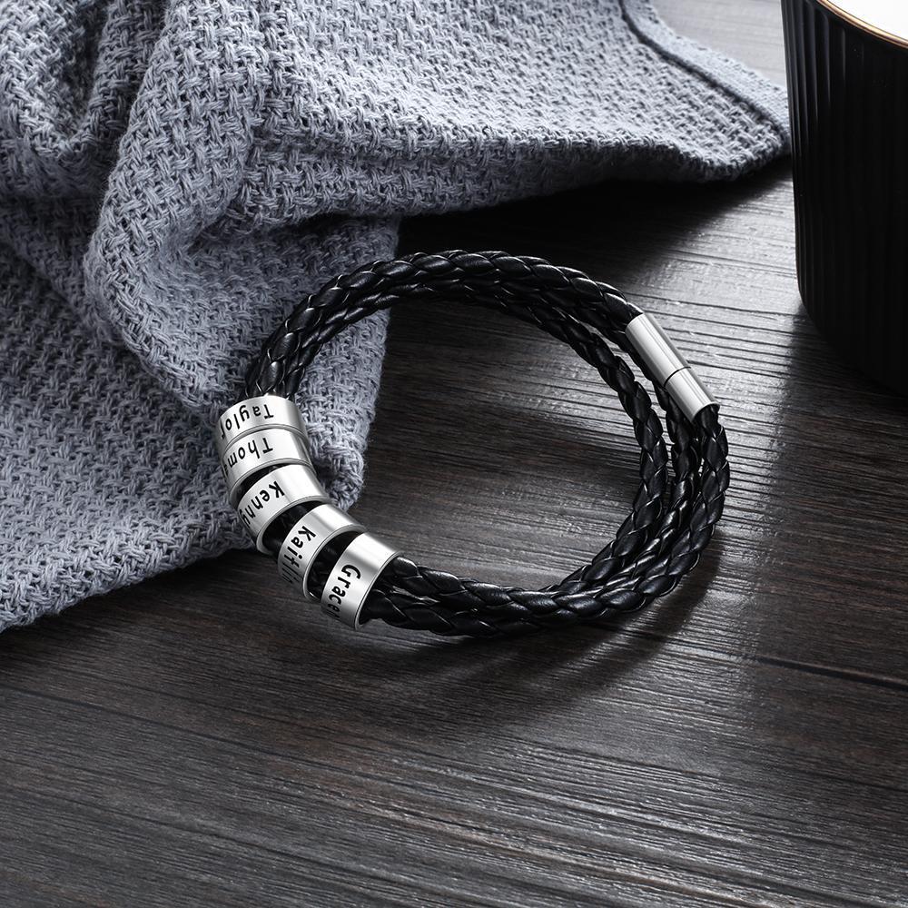 Personalized Mens Leather Braided Bracelet With 5 Sterling Silver Custom Beads Engarved 5 Family Names