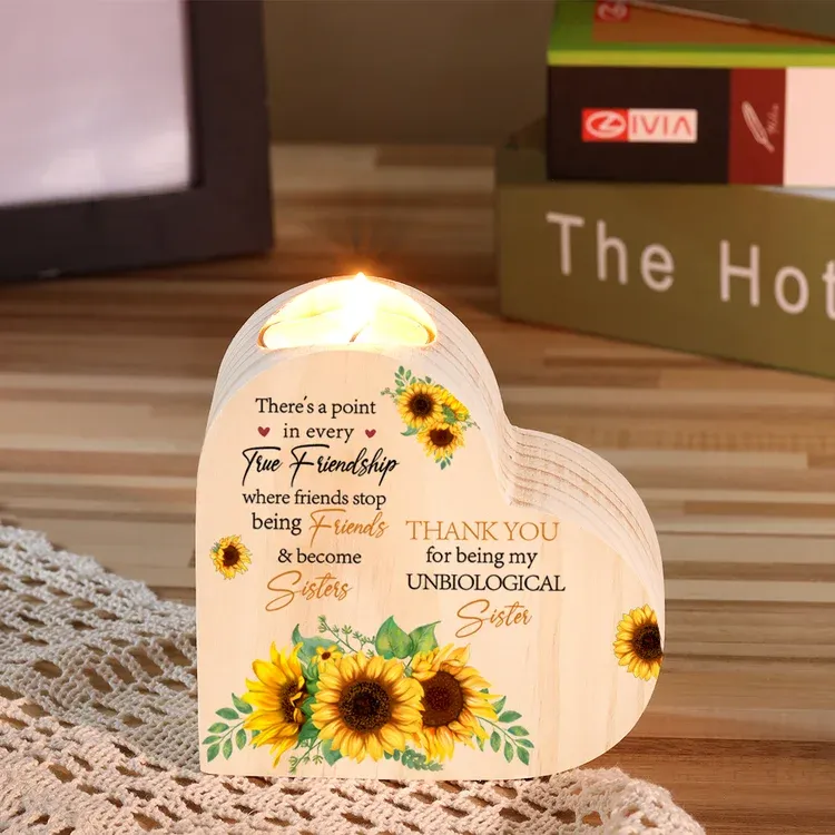 To My Bestie Heart Candle Holder "Thank You for Being My Unbiological Sister" Sunflower Wooden Candlestick Gifts For Friend
