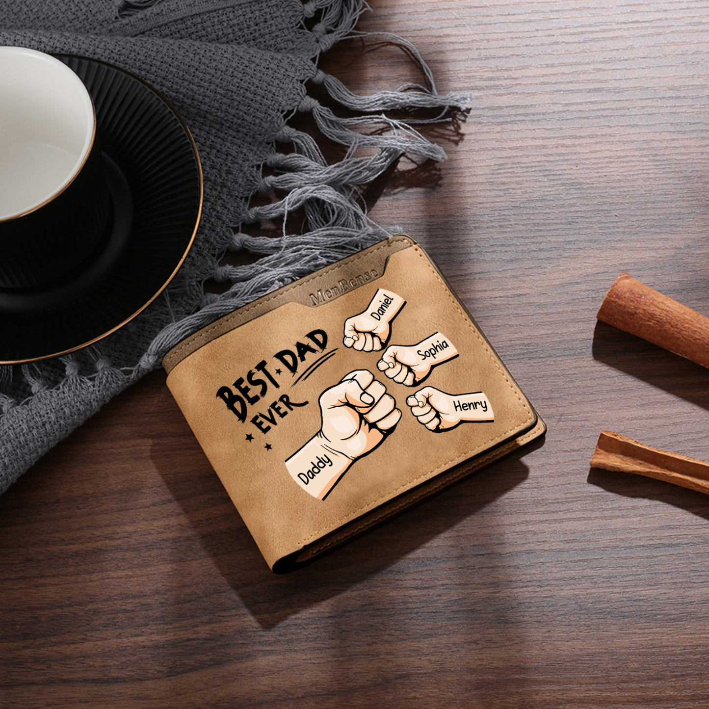 Best Dad Ever - Custom 4 Names & 1 Text Billfold Wallet Personalized Fist Bump Men's Leather Wallet
