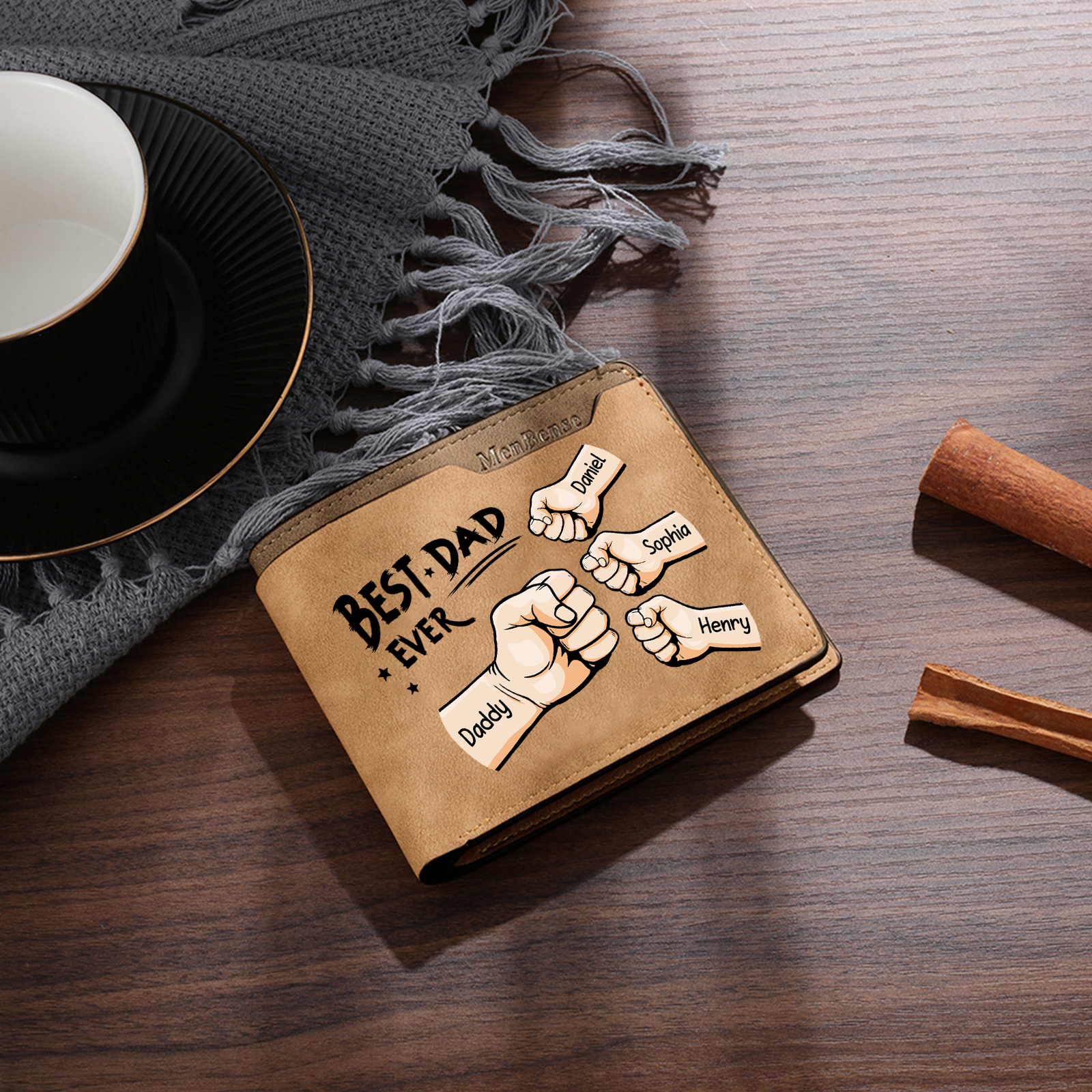 Best Dad Ever - Custom 4 Names & 1 Text Billfold Wallet Personalized Fist Bump Men's Leather Wallet