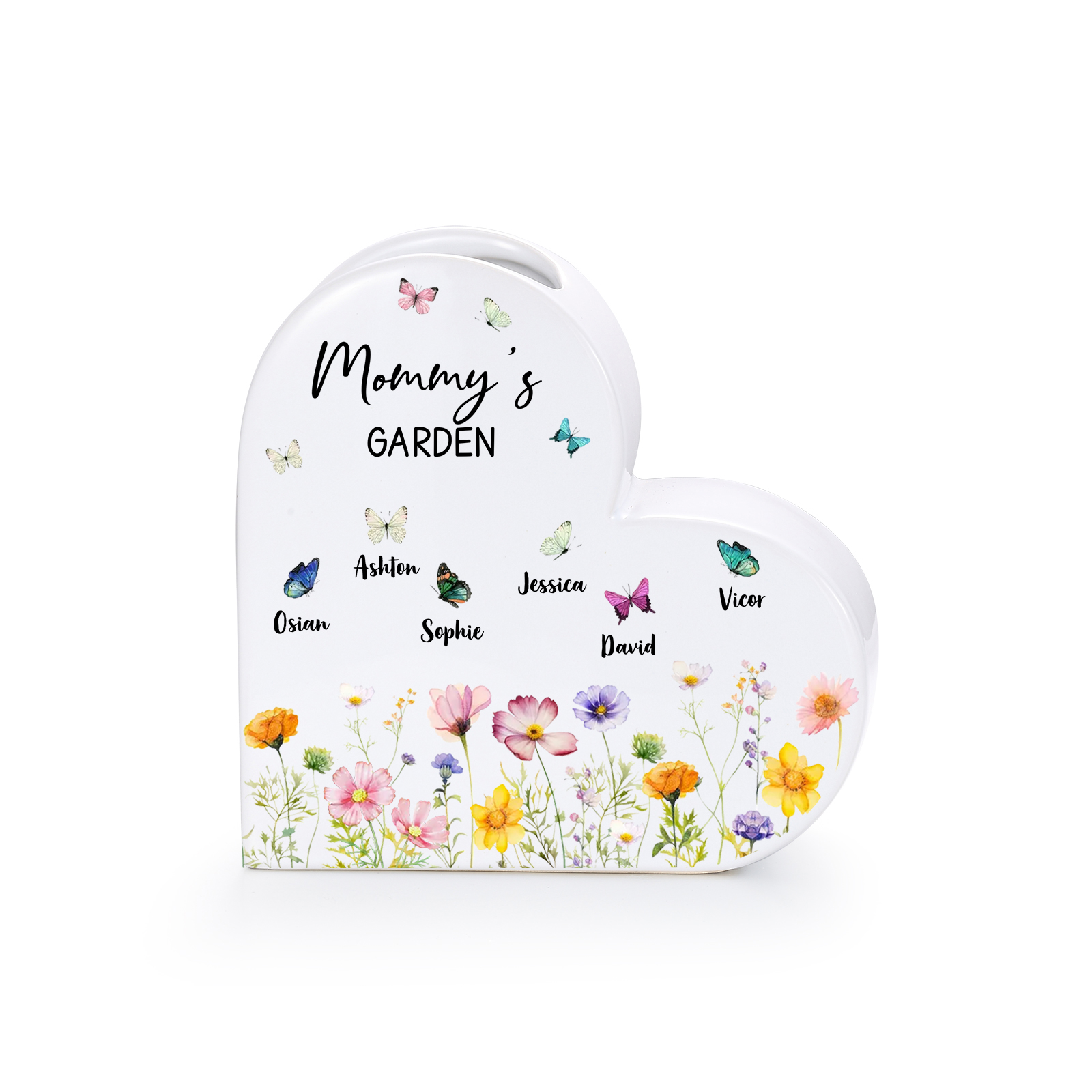 Personalized Ceramic Heart Vase with 1–10 Names and Butterflies for Mom or Grandma