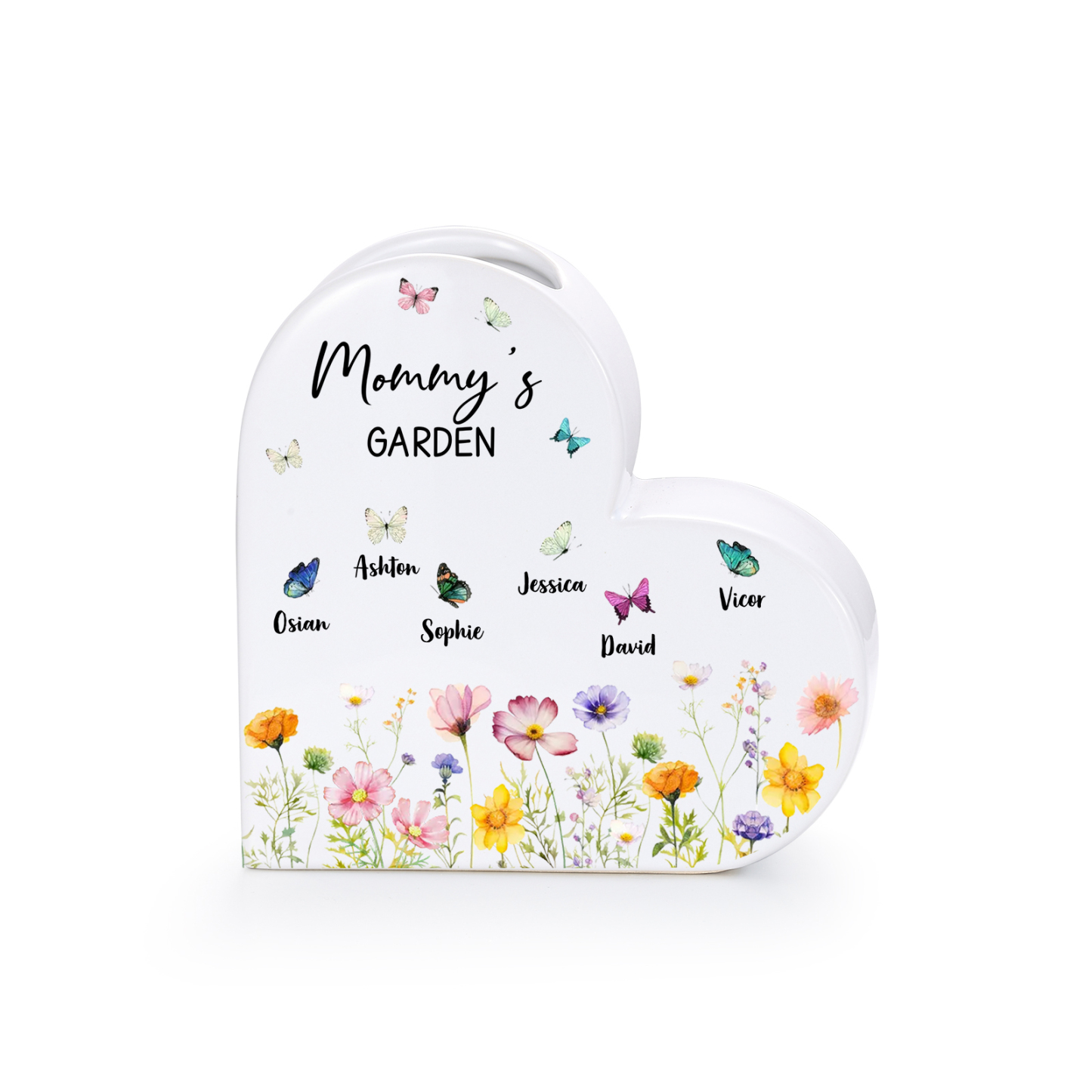 Personalized Ceramic Heart Vase with 1–10 Names and Butterflies for Mom or Grandma