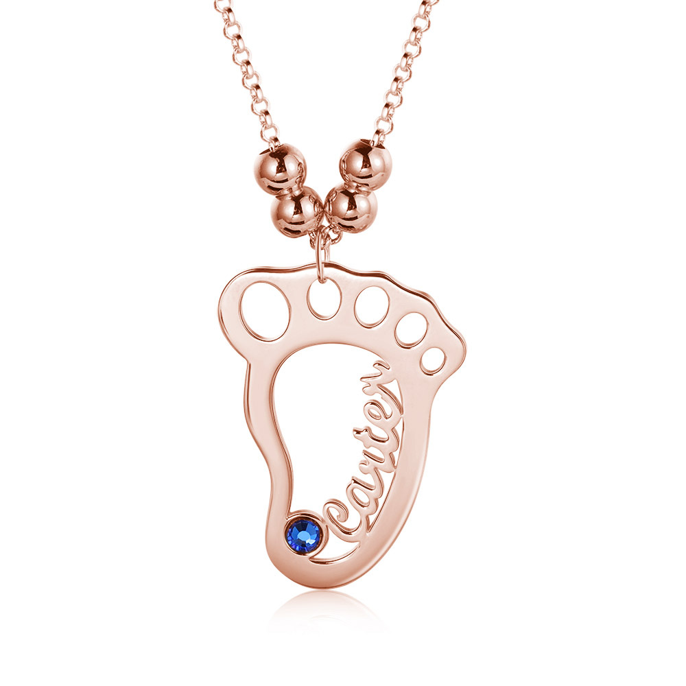Baby Feet Name Necklace Hollow Feet Engraving 1 Name with Birthstone
