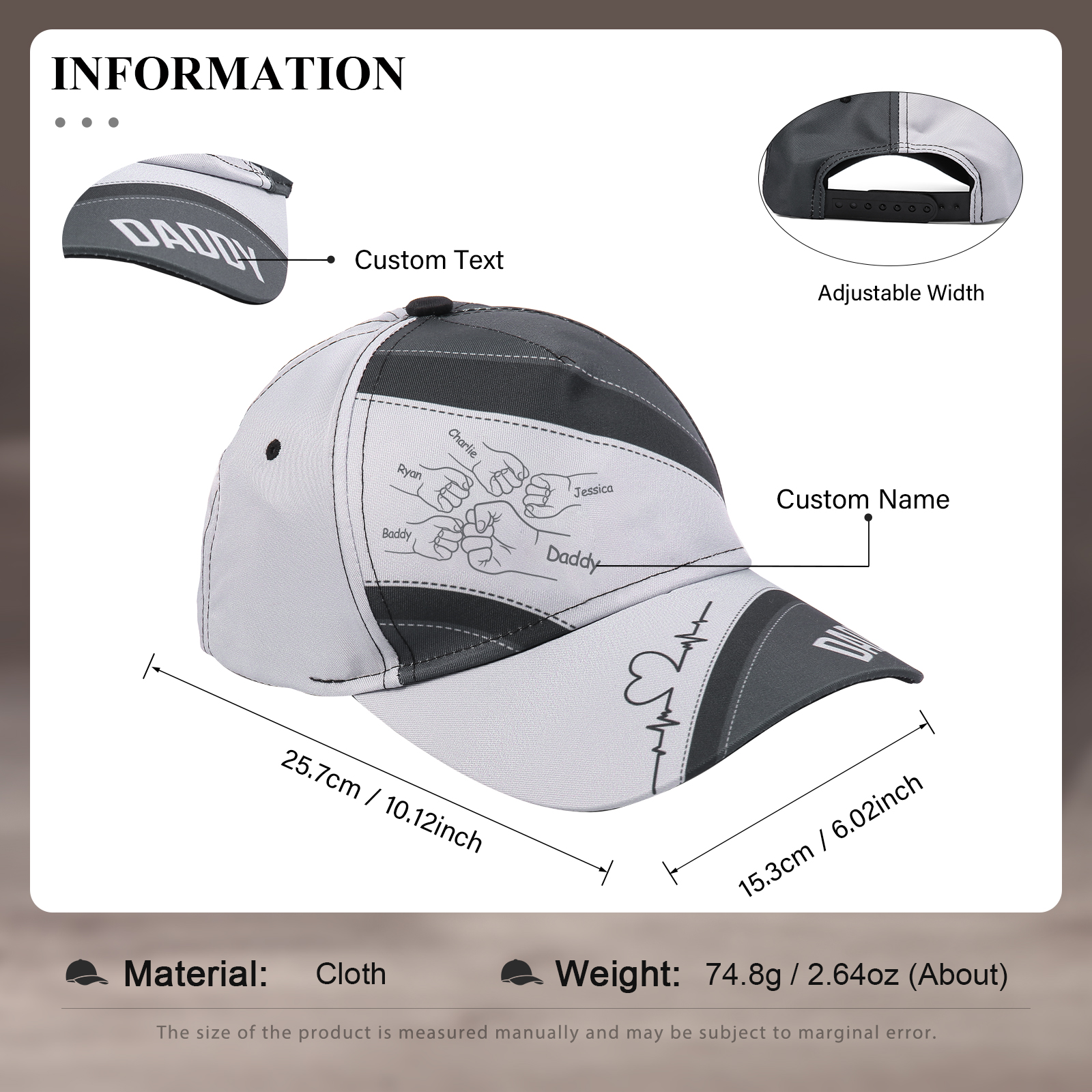 Personalized Fist Bump Classical Baseball Cap Custom 5 Names & 1 Text Snapback Adjustable Gift for Dad/Grandpa/Husband