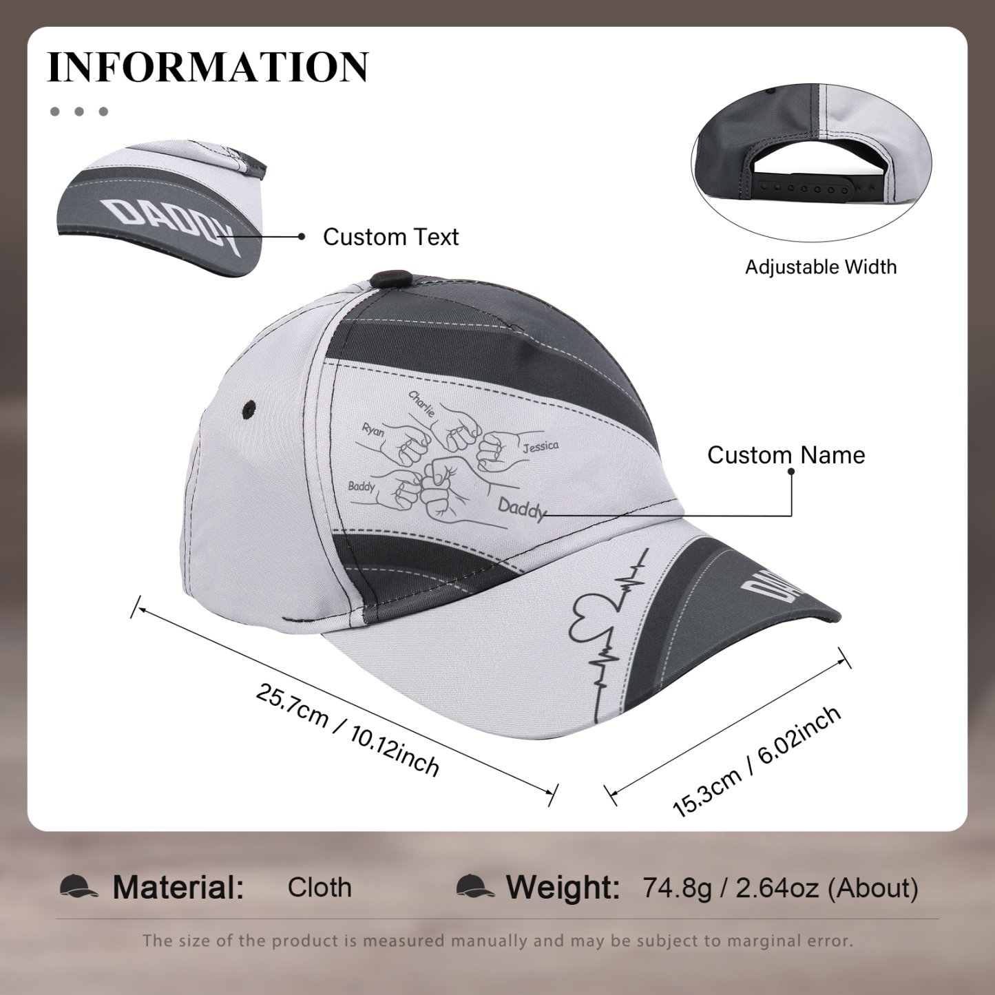 Personalized Fist Bump Classical Baseball Cap Custom 5 Names & 1 Text Snapback Adjustable Gift for Dad/Grandpa/Husband