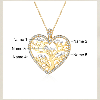 Personalized Family Tree Necklace, Custom 5 Names Heart Necklace Woman Gift For Her