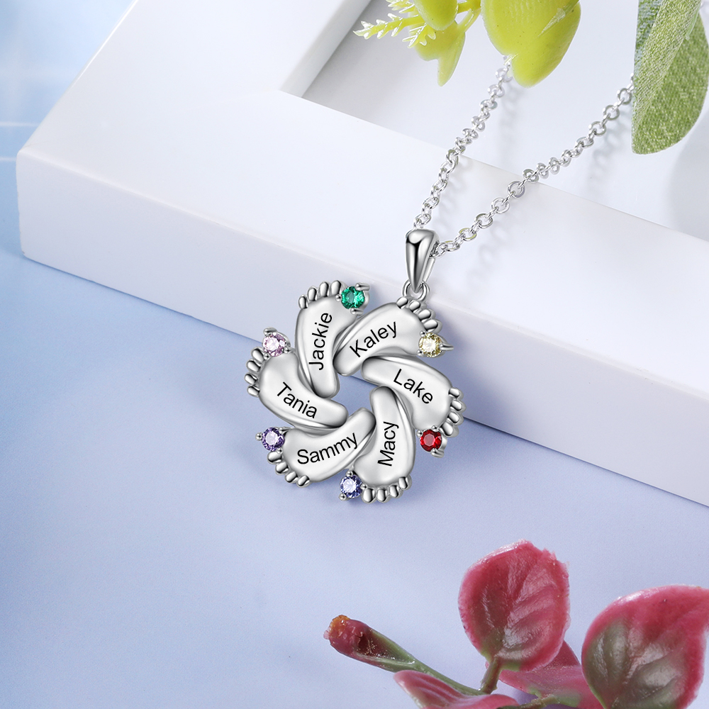 S925 Baby Feet Pendant Necklace with 1-4 Birthstones Engraved Names Gift for Mother