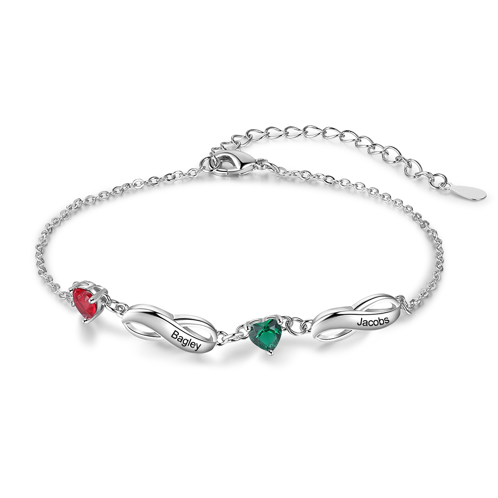 Infinity Bracelet with 2 Heart Shape Birthstones Family Bracelet for Mom