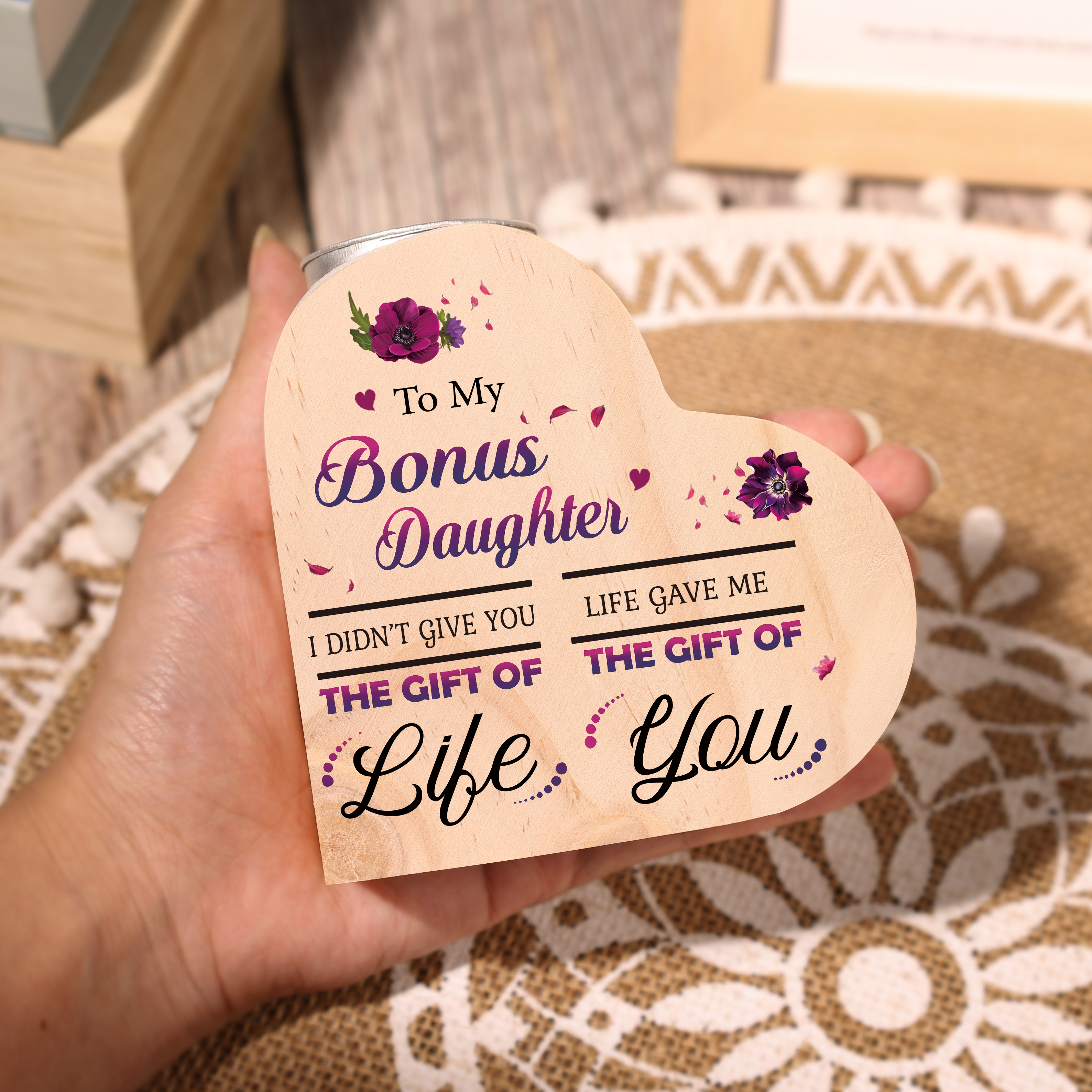 To My Bonus Daughter Violet Flower Heart Candle Holder "Life Gave Me The Gift of You" Wooden Candlestick