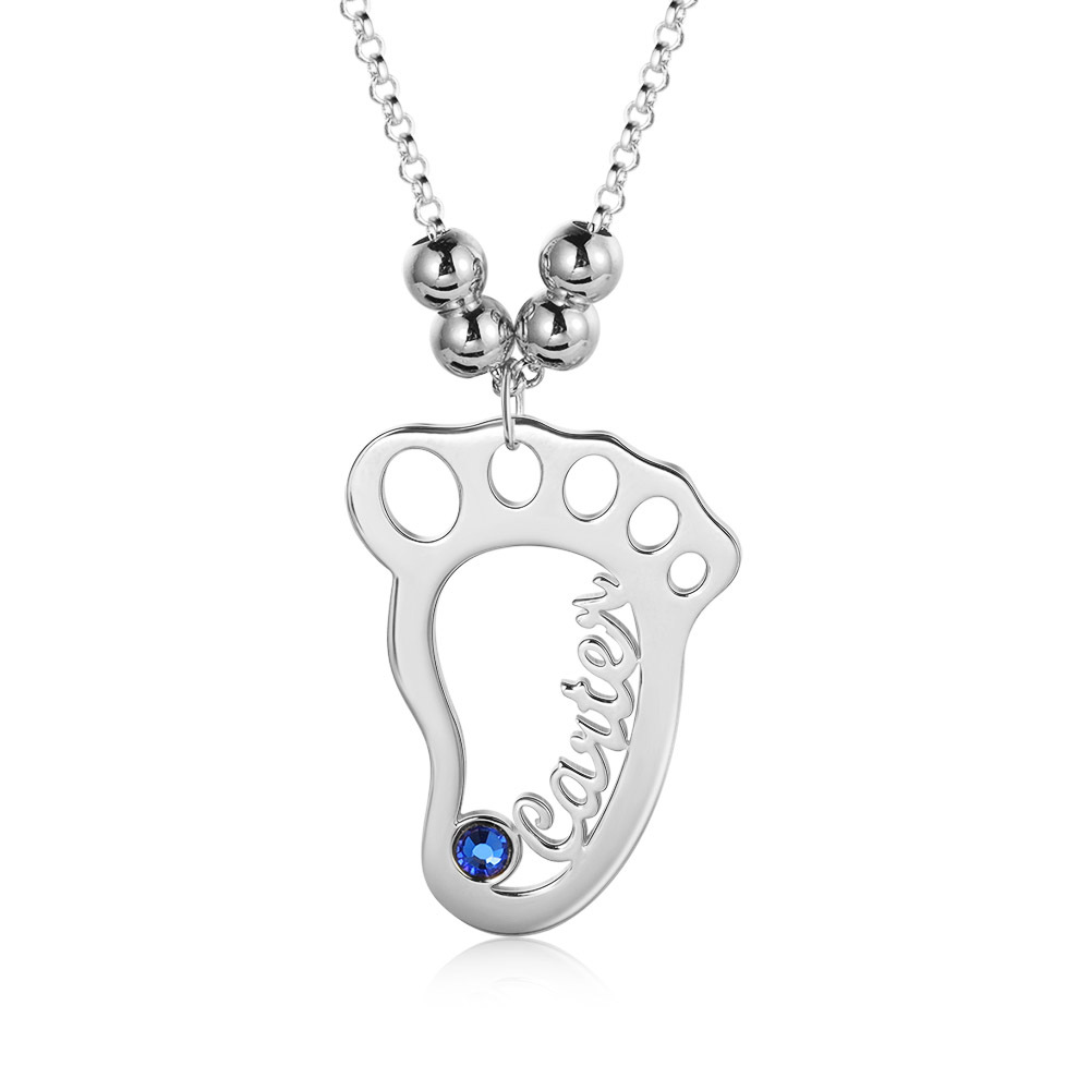 Baby Feet Name Necklace Hollow Feet Engraving 1 Name with Birthstone