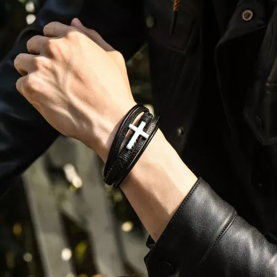 Men Braided Leather Cross Bracelets with Magnetic Clasp Gifts for Him