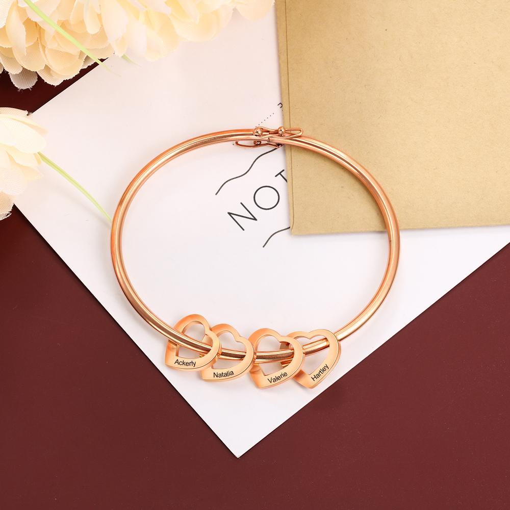 Love Bracelet Bangle Bracelet with 4 Heart Shape Pendant Engraved 4 Names Gift For Mom