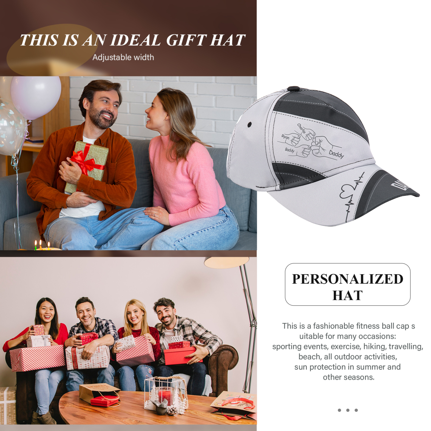 Personalized Fist Bump Classical Baseball Cap Custom 4 Names & 1 Text Snapback Adjustable Gift for Dad/Grandpa/Husband