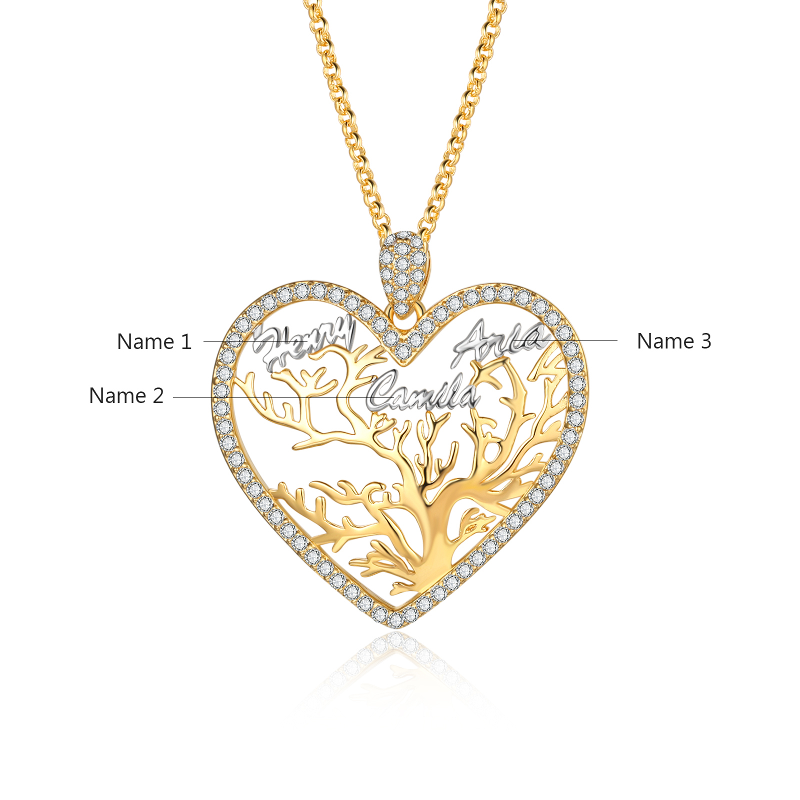 Personalized Family Tree Necklace, Custom 3 Names Heart Necklace Woman Gift